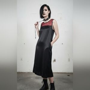 Le Bos Dress Black Satin Midi Shift Goth Grunge Fairy Sleeveless 18